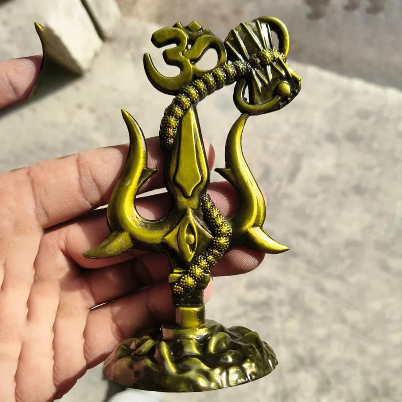 Om Trishul Antique Gold Finish Spiritual Idol Statue for Home Mandir Décor